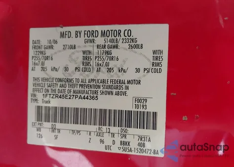 2007 Ford Ranger Fx4 Level Ii/Fx4 Off-Road/Sport/Xlt from USA, damaged, VIN 1FTZR45E27PA44365